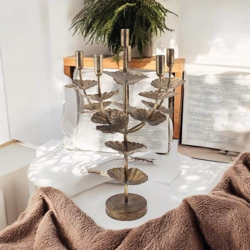 Minster Gold Metal Floral Taper Candle Holder, W: 36 cm, D: 34 cm, H: 57 cm – 3
