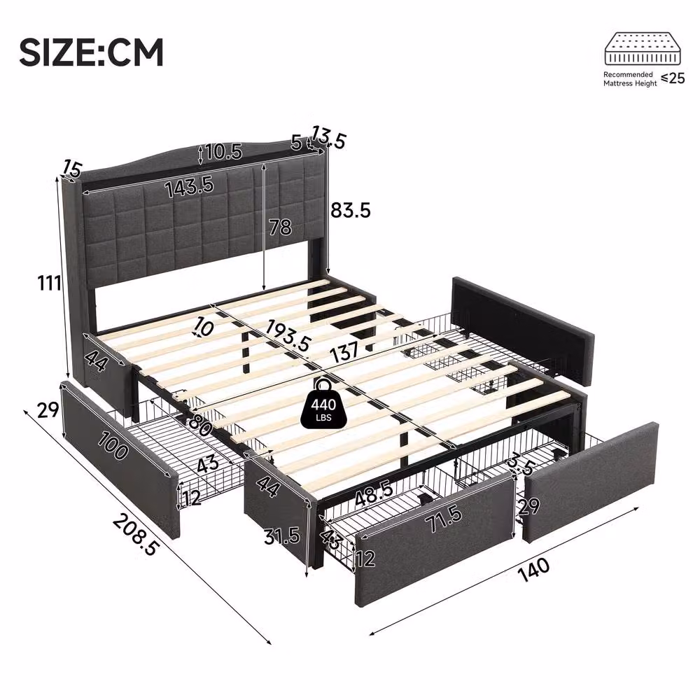 Merax Grey Linen Upholstered Double Storage Bed with 4 Drawers and USB Charging Station W: 135 cm, D: 190 cm, H: 111 cm – 2