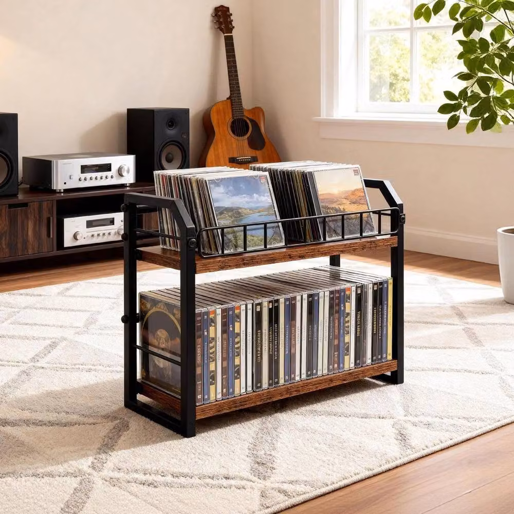 FORGEVIO 2-Tier Industrial CD and DVD Storage Rack in Brown and Multicolour Wood and Metal – 6