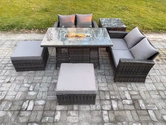 Fimous 6 Seater Grey Rattan Garden Furniture Set with Gas Fire Pit Dining Table, Double Sofa, Chairs, Side Table and 2 Footstools