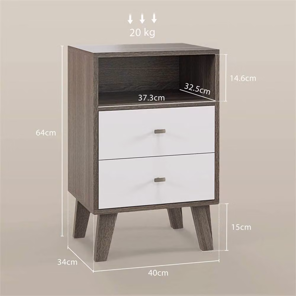 Nordara Set of 2 Industrial Bedside Tables with 2 Drawers and Open Cubby in Brown and White, W/D/H: 40 x 60 x 40 cm – 2
