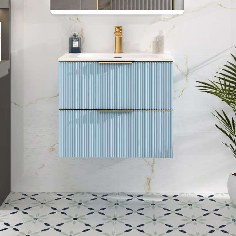 Royal Bathrooms Evora 700mm Powder Blue Fluted Wall Hung Vanity Unit with 2 Drawers, Ceramic Basin and Brushed Brass Handles