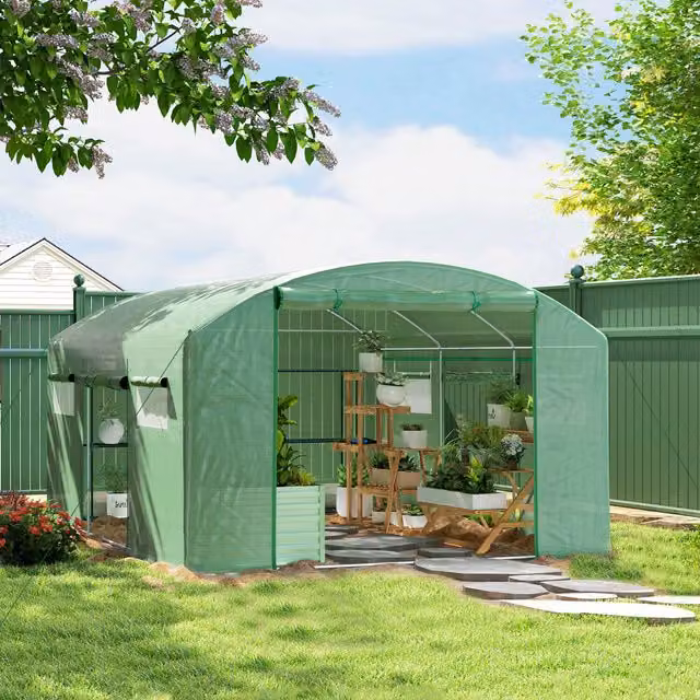 Outsunny Green Polytunnel Greenhouse with 3 Roll-up Doors