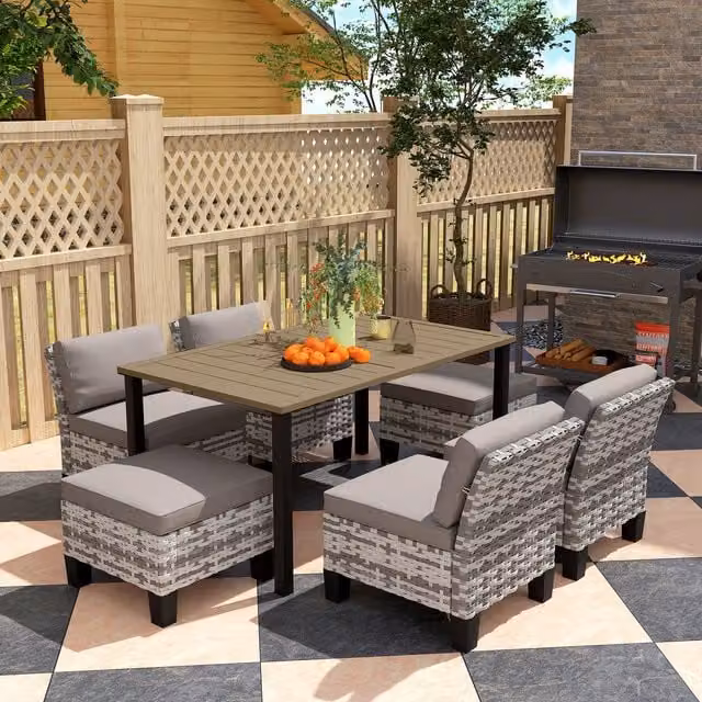 Outsunny 7-Piece Grey Polyrattan Garden Dining Set with Metal Frame and Cushions