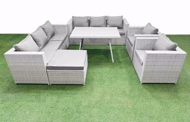 Fimous 9 Seater Garden Furniture Set with PE Rattan Sofa and Large Stool in Light Grey