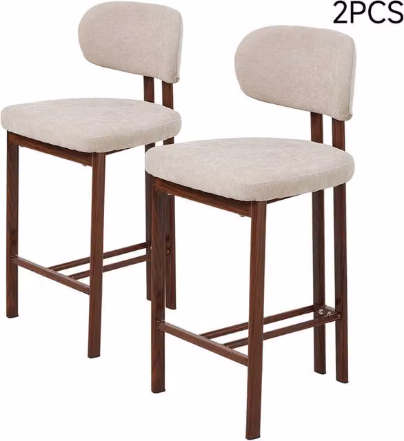 Living and Home Set of 2 Modern Upholstered Bar Stools in Beige with Wood Frame