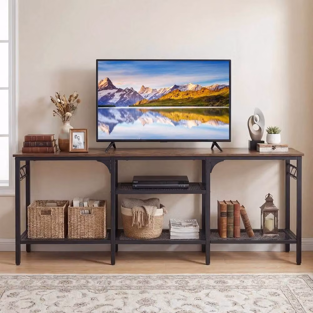 FORGEVIO Industrial Media Console Table in Brown with Metal Mesh Shelves and 4 Hanging Hooks, W: 140 cm, D: 56 cm, H: 300 cm – 3