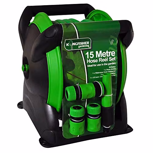 Kingfisher 15m Compact Garden Hose Pipe on Reel with Spray Nozzle in Green and Transparent