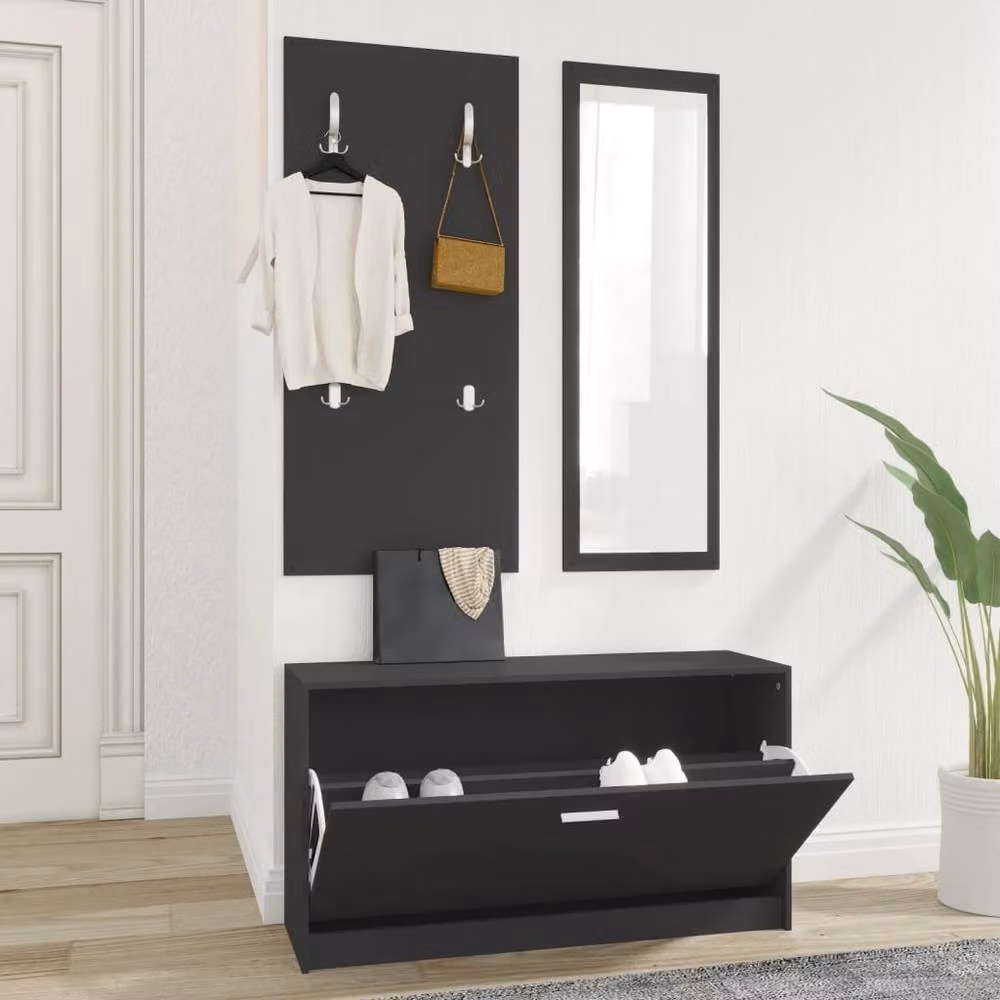 Berkfield Home 3-in-1 Modern Black Shoe Cabinet, Mirror and Wall Rack Set in Matt MDF – 2