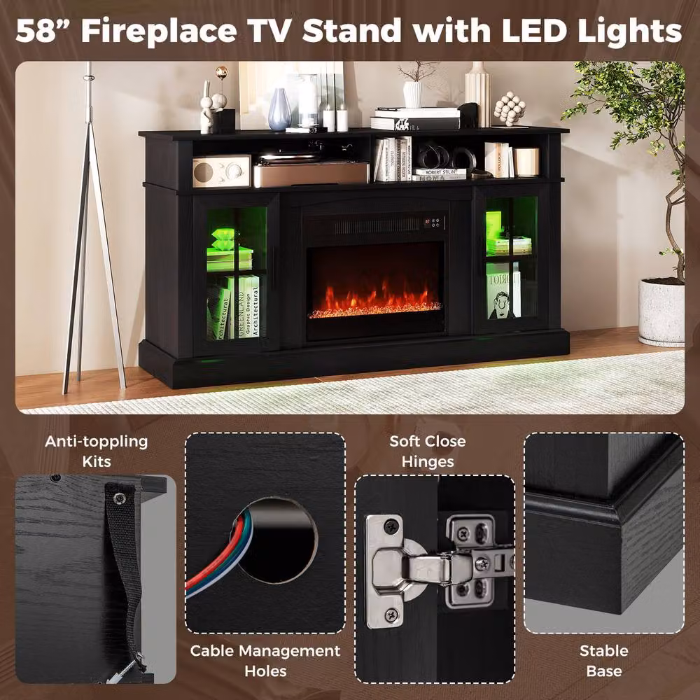Gymax Modern Black Electric Fireplace TV Stand and Media Console with Integrated Lighting and Glass Details – 7