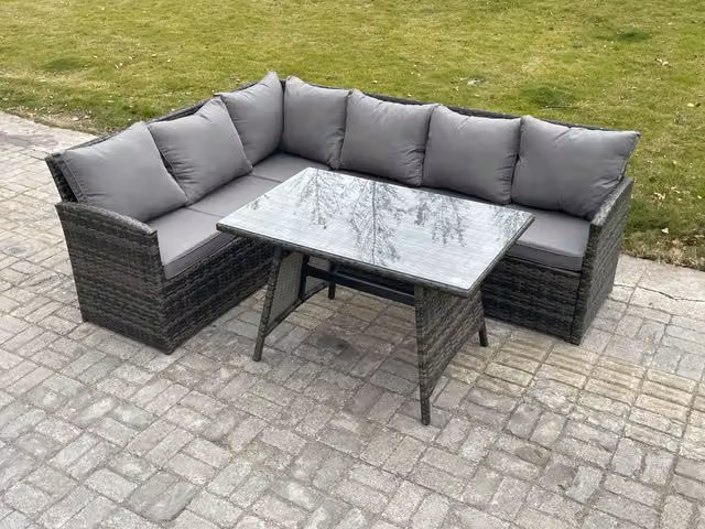 Fimous 6 Seater Wicker Rattan Garden Furniture Corner Sofa Set with Oblong Dining Table in Dark Grey