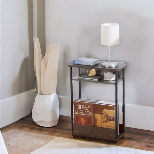 Furnold Industrial Rustic 3 Tier Side Table with Magazine Rack in Grey and Black