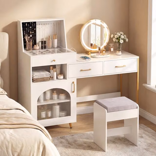 COSTWAY Modern White Makeup Vanity Table with Hollywood LED Lighting and Glass Top