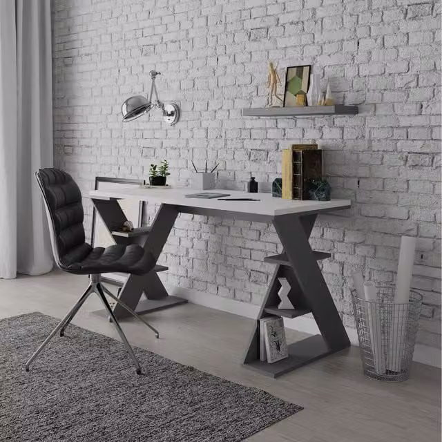 Decortie Papillon Modern Writing Desk with Bookshelf Legs in Anthracite Grey, W: 137 cm, D: 75 cm, H: 60 cm – 1