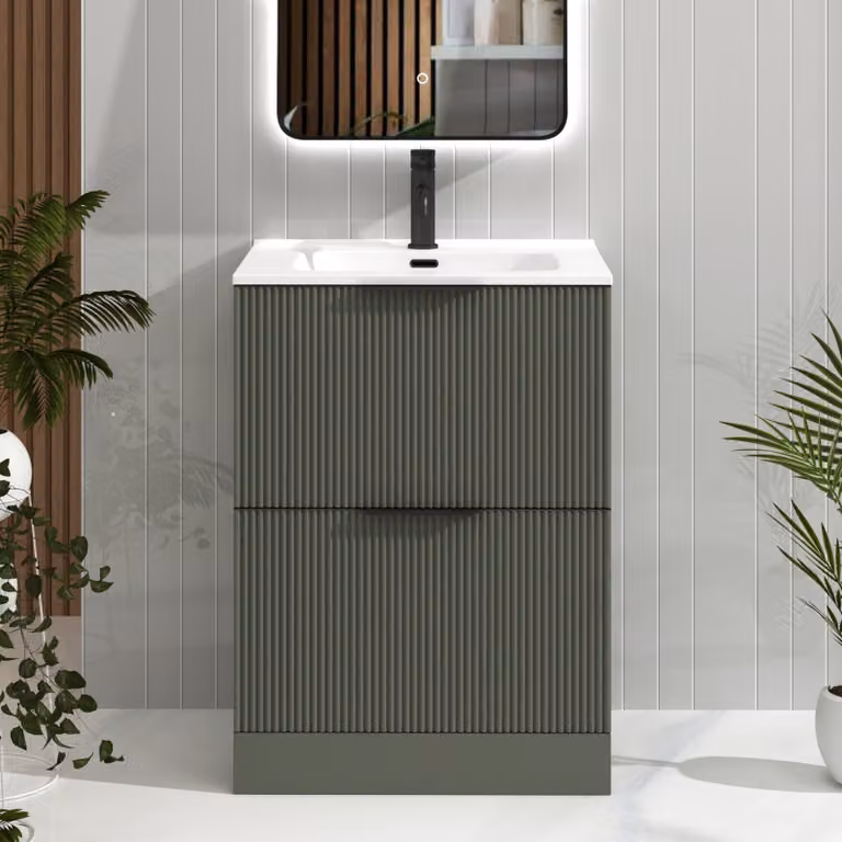 Royal Bathrooms Evora Sage Green Fluted Floor Standing Vanity Unit with 2 Drawers and Ceramic Basin