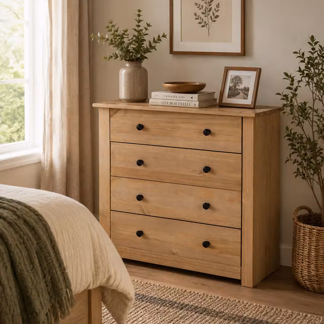 Mews Panama 4 Drawer Chest of Drawers in Brown Rustic Pine Wood