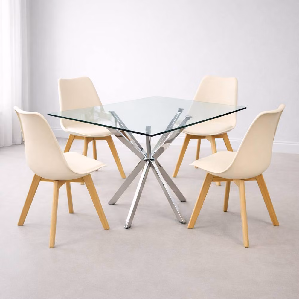KOSY KOALA Modern Rectangular Glass Dining Table Set with 4 Beige Plastic Chairs, W/D/H: 120 x 70 x 75 cm – 2