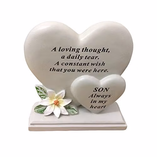 David Fischhoff White Lily Double Heart Memorial Plaque for Son in Beige and White