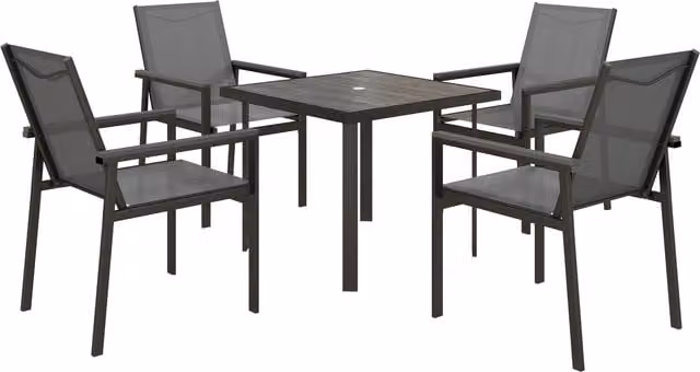 Outsunny 5 Piece Garden Dining Set in Grey with Glass Top Square Table and 4 Armchairs with Breathable Mesh Fabric Seats