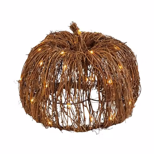 Lights4fun Set of 2 Pre-Lit Rattan Pumpkins in White and Brown for Indoor and Outdoor Decoration – 4