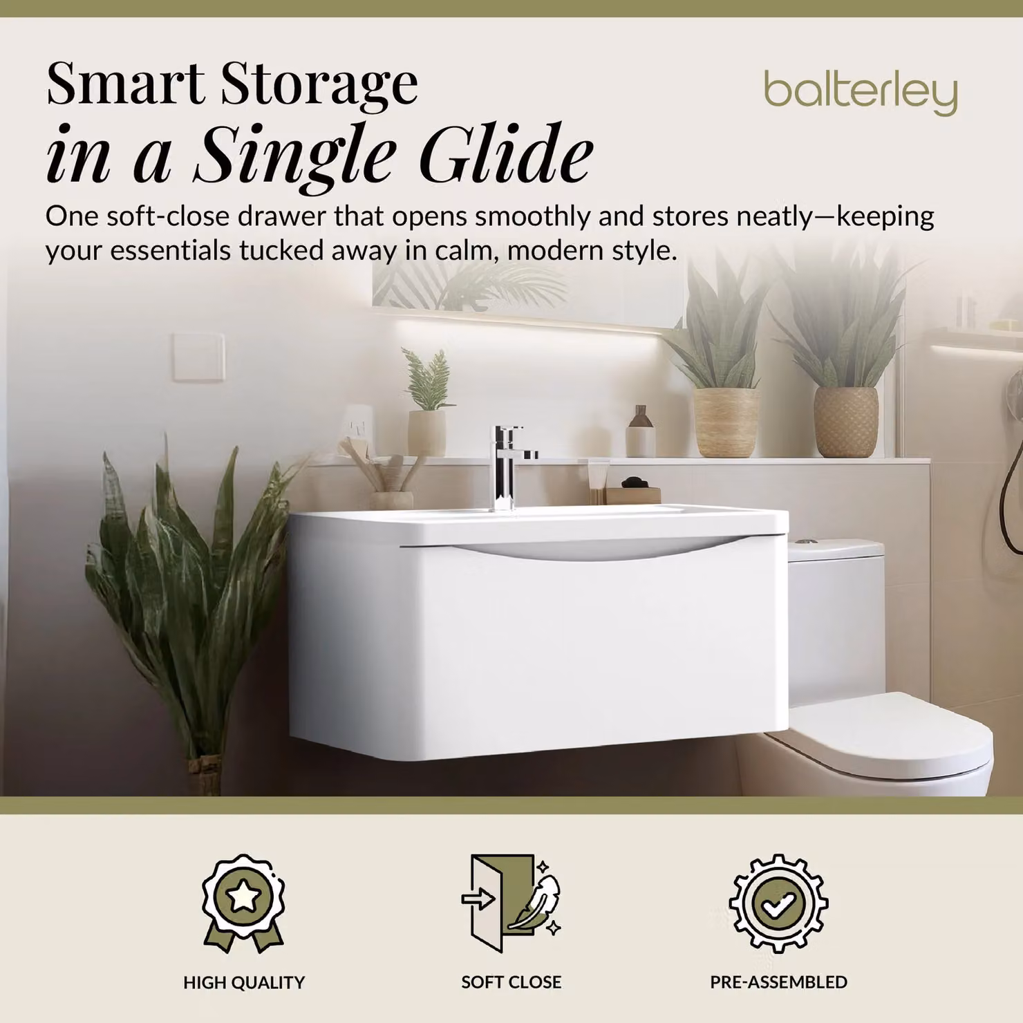 Balterley White Wall Hung 1 Drawer Bathroom Vanity with Polymarble Basin, Width: 80 cm – 2