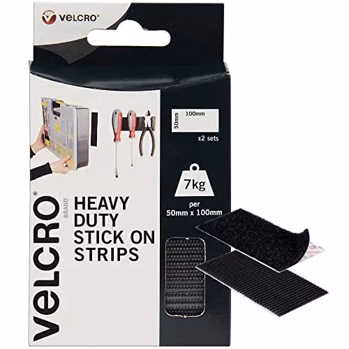 VELCRO Brand Heavy Duty Stick On Double Sided Hook and Loop Self Adhesive Strips, Black, W: 50 mm, L: 100 mm, Set of 2 – 1
