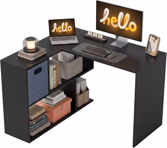HOMCOM Modern L-Shaped Corner Desk with Fabric Drawer in Black