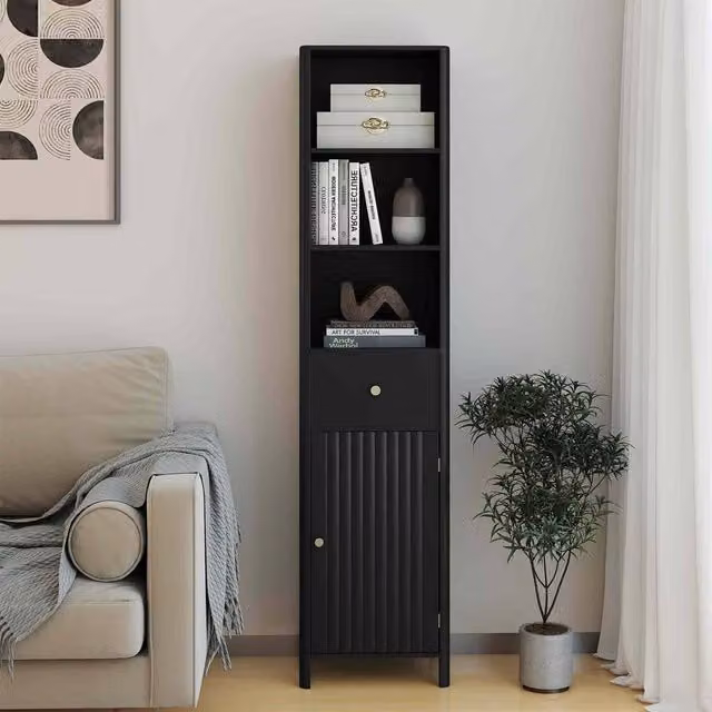 Costway Black Wooden Narrow Bathroom Floor Cabinet with Drawer and Shelves, Height: 170 cm, Width: 30 cm, Depth: 40 cm