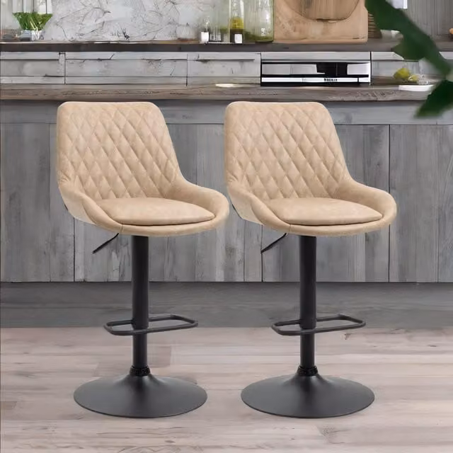 Rafaelo Mobilia Set of 2 Retro Adjustable Height Bar Stools in Beige Faux Leather – 1