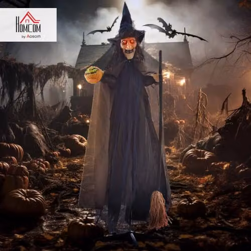 HOMCOM Halloween Animatronic Witch with Broomstick and Light Up Eyes in Brown, Height: 190 cm – 2
