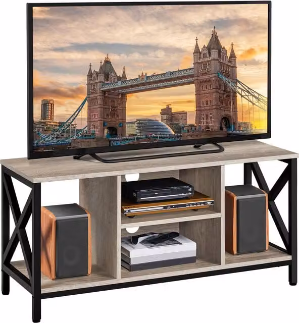 Yaheetech Industrial Grey TV Stand with X-Shape Metal Structures and Media Compartments