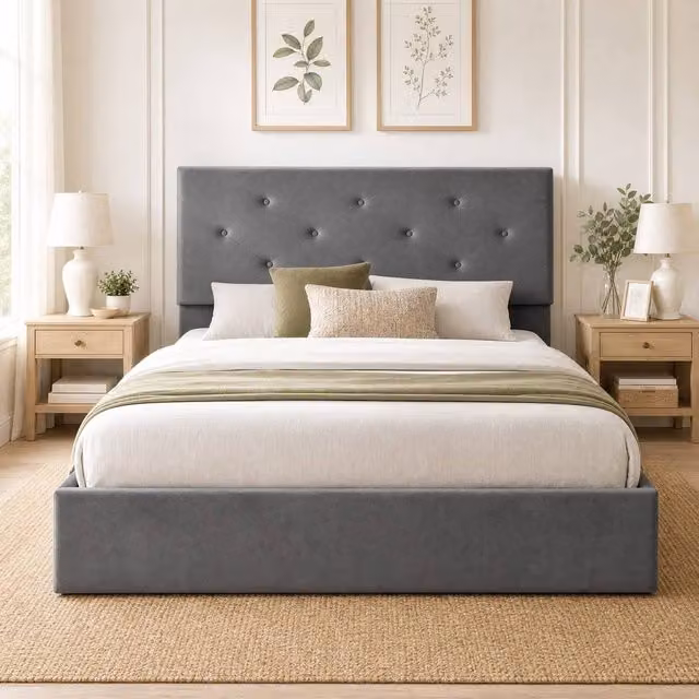STILVORA Grey Velvet Upholstered Double Bed Frame with Gas Lift Storage, W/D/H: 140 x 190 cm – 1