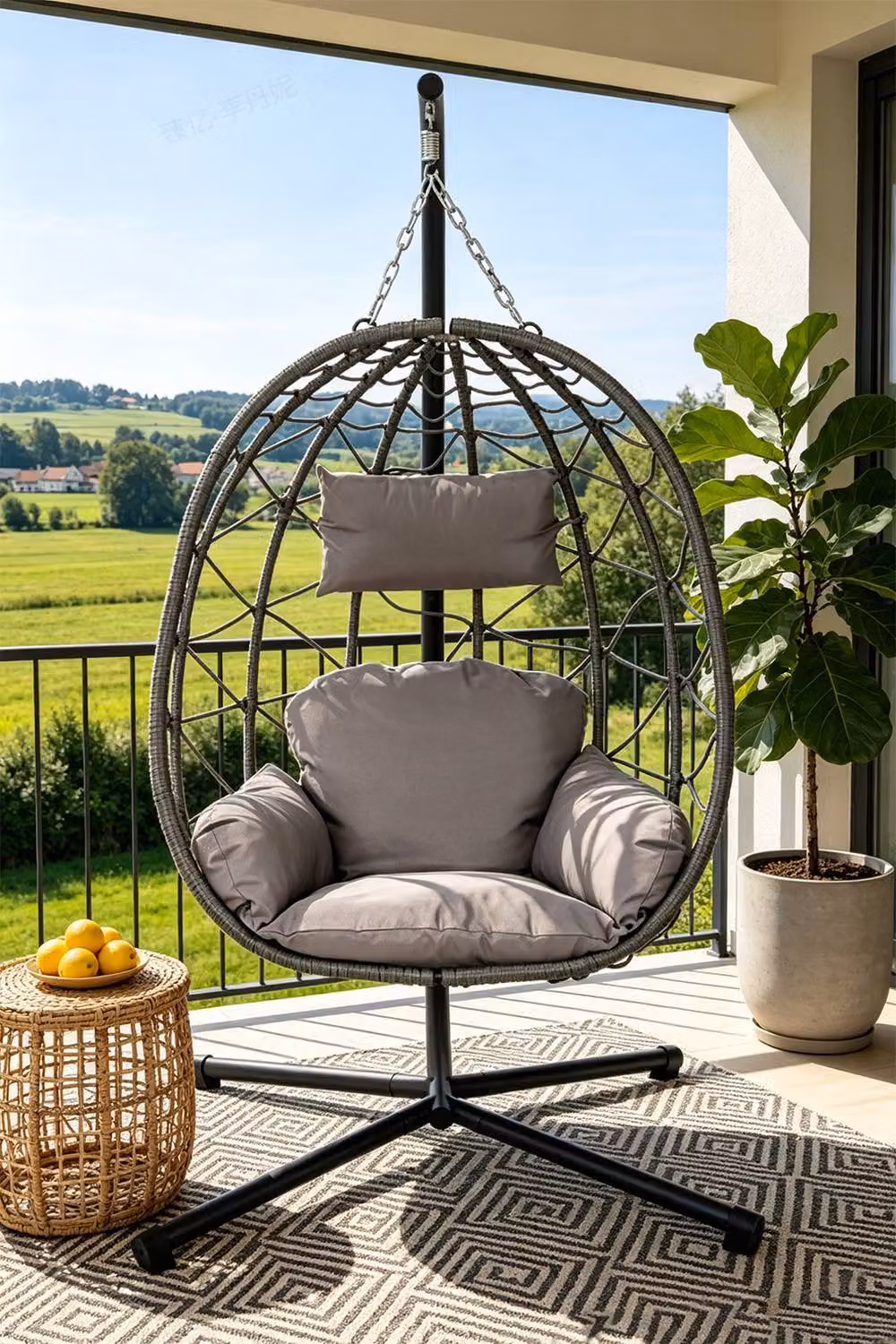 ExtraStar Grey Rattan Outdoor Egg Hanging Chair with Stand and Cushion – 2