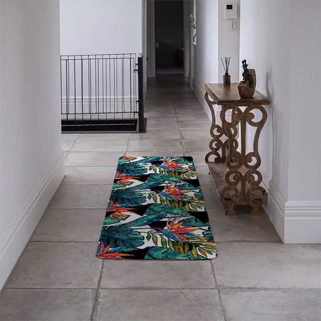 Benjamin Tate Design LTD Tropical Leaves and Flowers Contour Designer Wool Runner Rug, Green and Multicolour