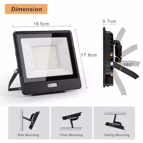 Harper Living 50W LED Outdoor PIR Floodlight with Motion Sensor, 4300 Lumen, 6500K Cool White, IP65 Waterproof, Black – 3