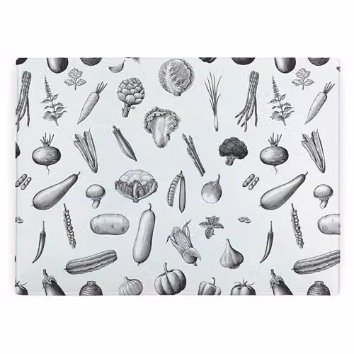 Purely Home Black and White Vegetables Rectangular Glass Worktop Protector with Non-Slip Feet, W: 39 cm, D: 28.5 cm