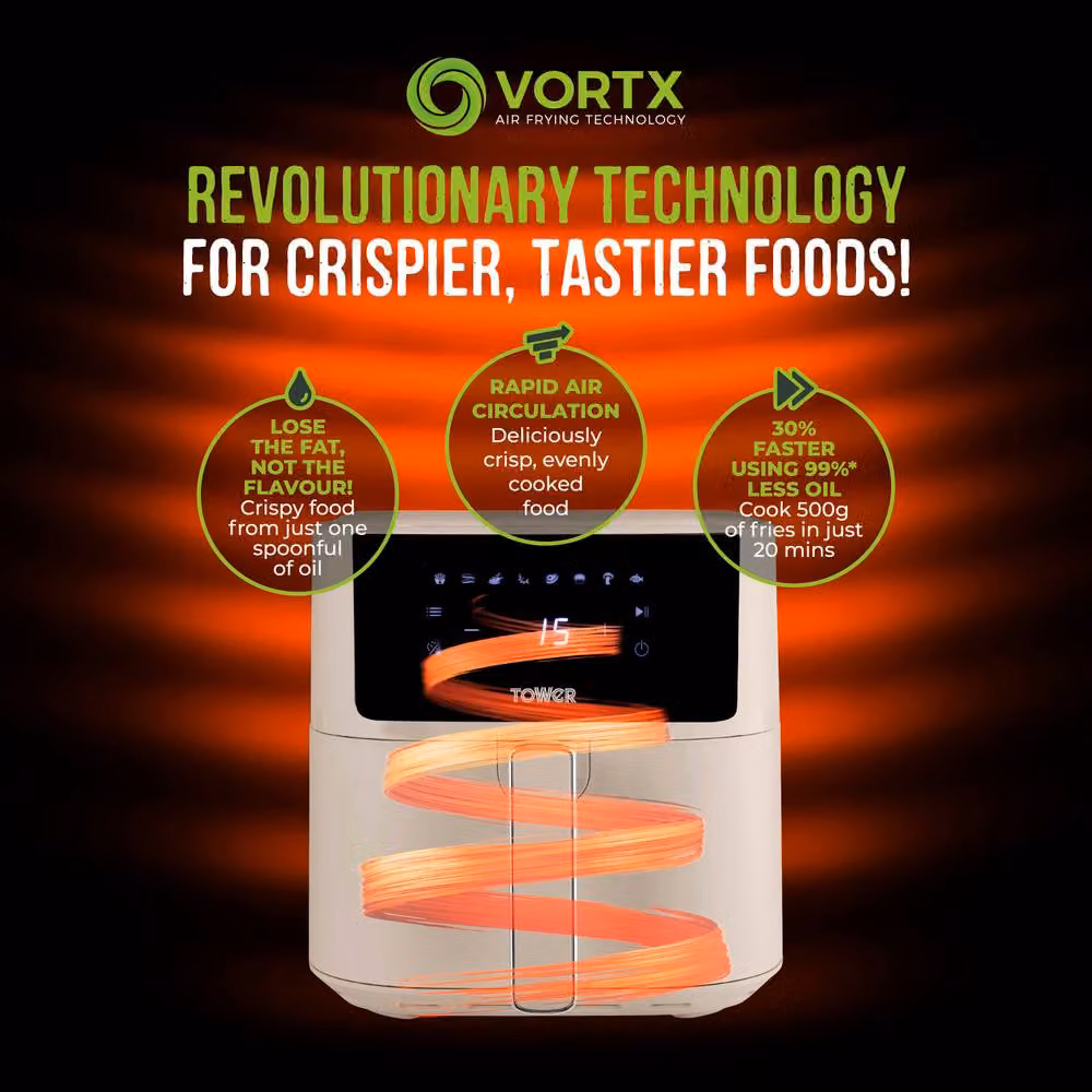Tower Vortx Air Fryer with Digital Control Panel, 1700W, 6L, White and Light Beige – 6