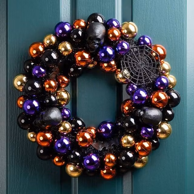 Scottish Everlastings Ltd Halloween Bauble Wreath in Multicolour, Orange, Black and Purple, Diameter: 45 cm