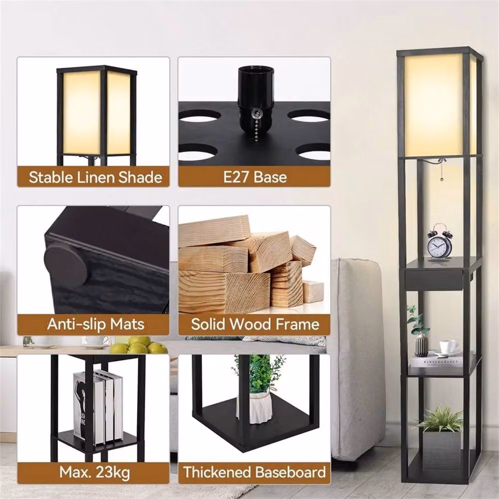 FLAVORA Black Wooden LED Floor Lamp with USB Port and Drawer Shelf – 2