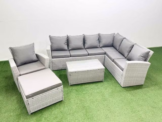 Fimous Garden 8 Seater Rattan Garden Sofa Set in Light Grey