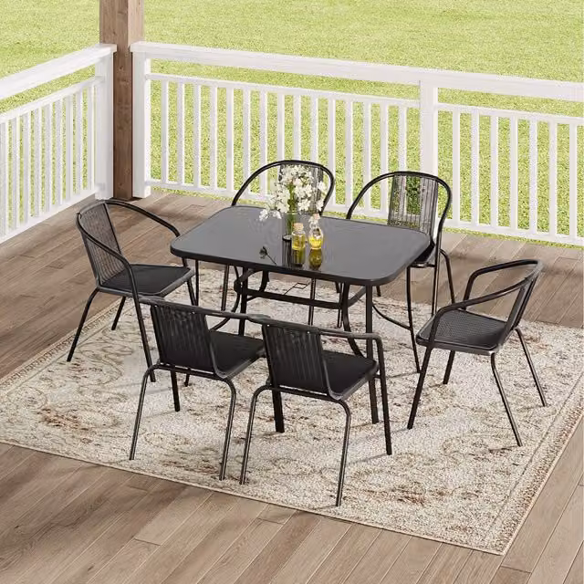 Komore Black Rattan Patio Set with Tempered Glass Table and Six Chairs