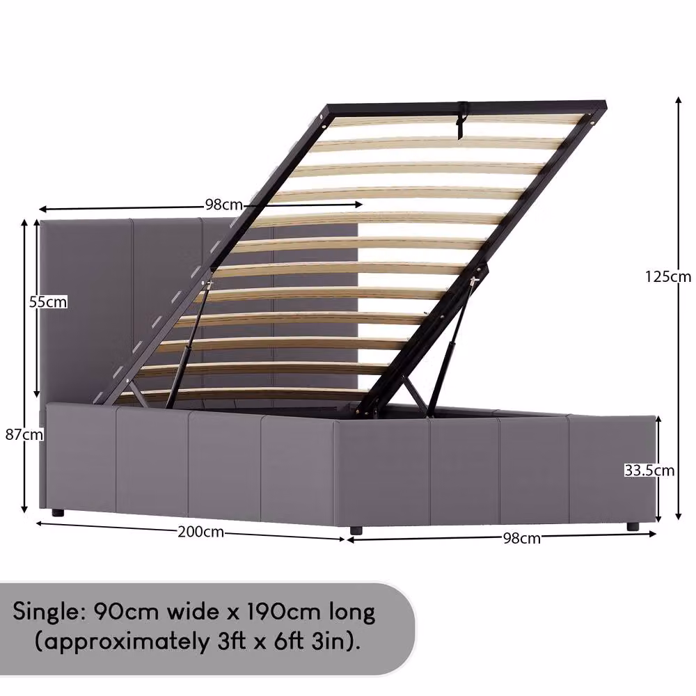 HD Designs Lisbon Single Ottoman Bed Frame in Grey Upholstered Faux Leather and Fabric, W/D/H: 90 x 200 cm – 2