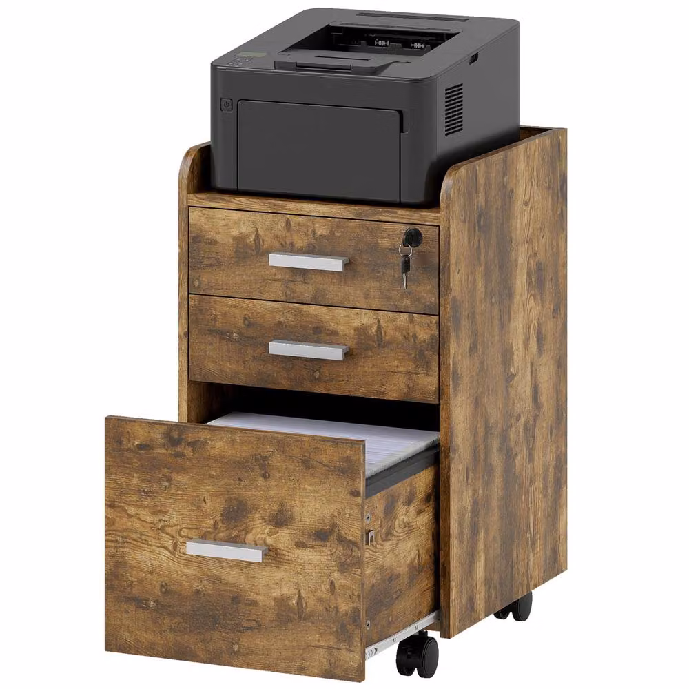 STILVORA 3 Drawer Filing Cabinet with Lock and Castors in Brown – 4