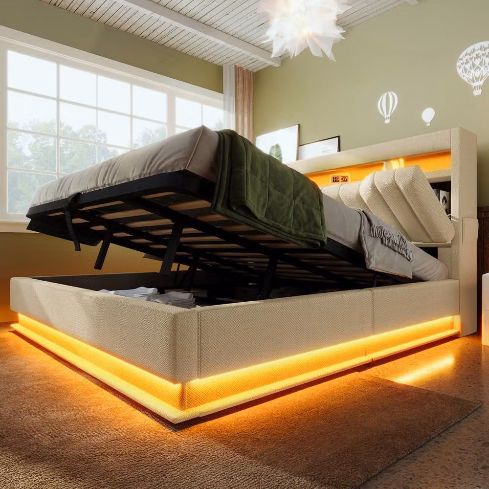 ModernLuxe Ottoman Double Storage Bed with LED Lighting, USB Charging Ports and Storage Headboard in Beige – 7