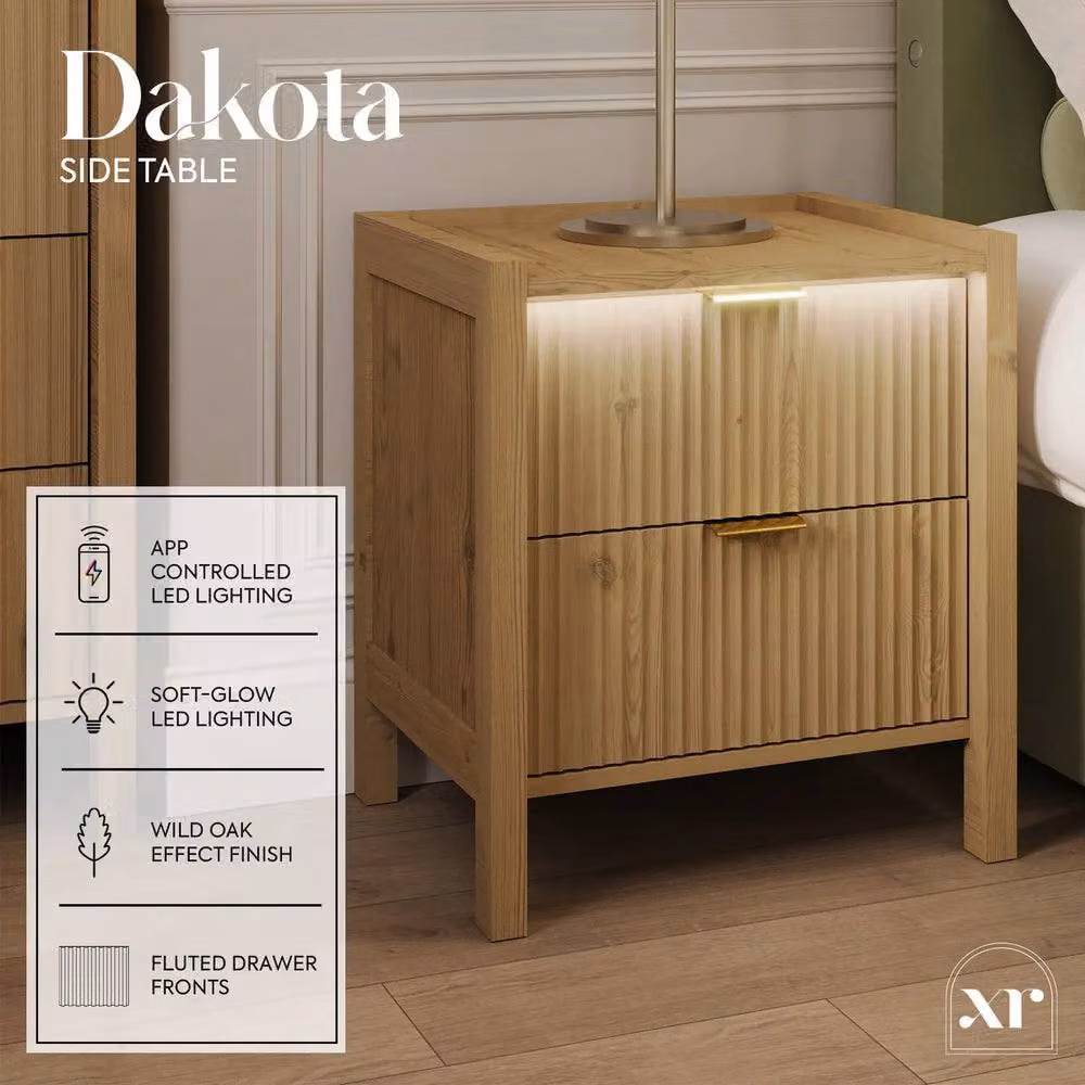 X Rocker XR Living Dakota Bedside Table with Two Drawers and Integrated Lighting in Wild Oak – 2