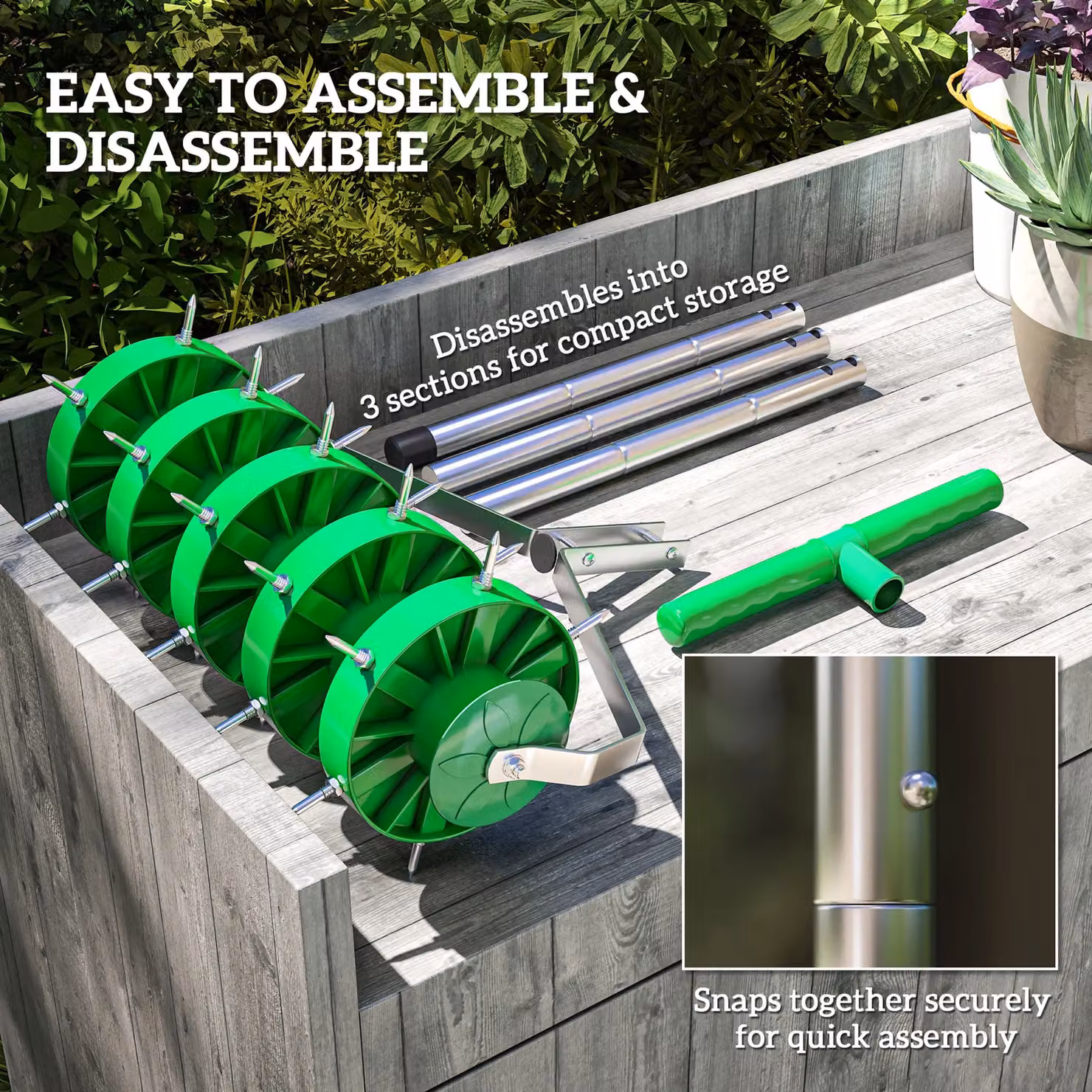 OUTSUNNY Green Grass Spike Roller Soil Aerator with 3 Piece Handle and T-bar Grip – 3
