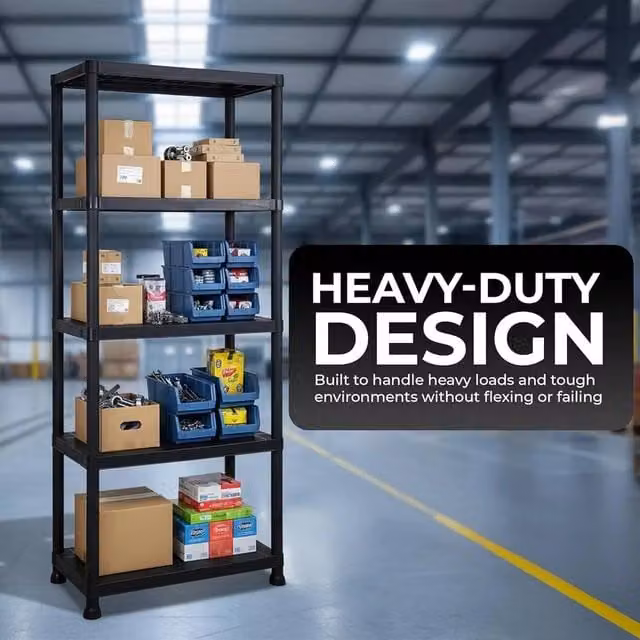 FORGEVIO 5 Tier Plastic Shelving Unit, Black, H 173 x W 60 x D 30 cm