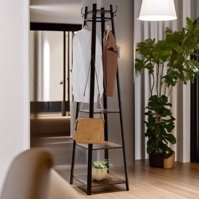 Rafaelo Mobilia Industrial Hall Tree Coat Stand with 2 Shelves in Dark Brown – 1