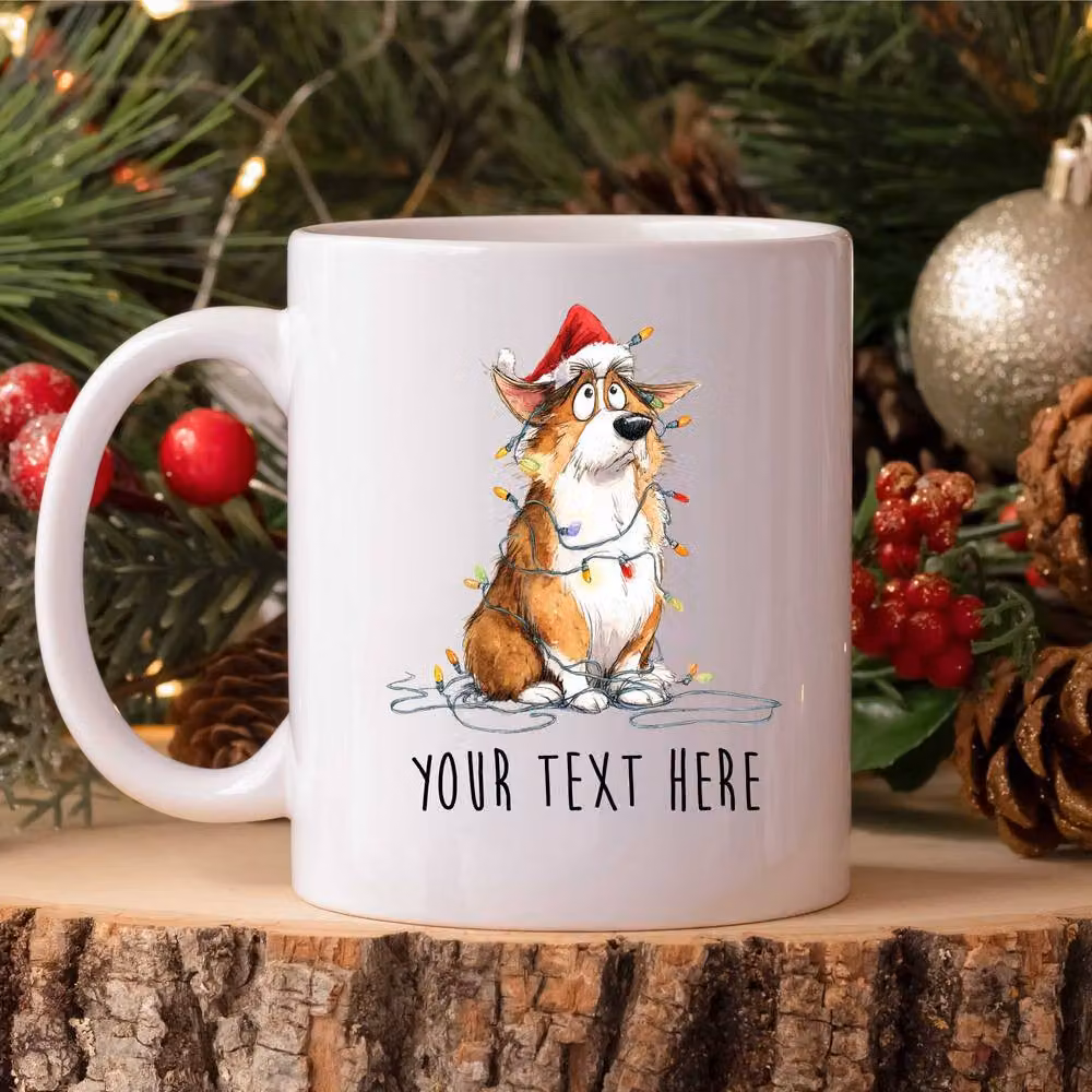60 SECOND MAKEOVER Personalised Corgi Christmas Lights Santa Hat Ceramic Mug in White – 2