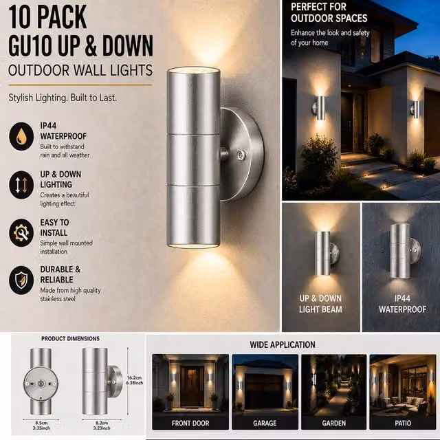 ATEK 10 Pack Silver Stainless Steel Up and Down GU10 Outdoor Wall Lights for Garden and Terrace
